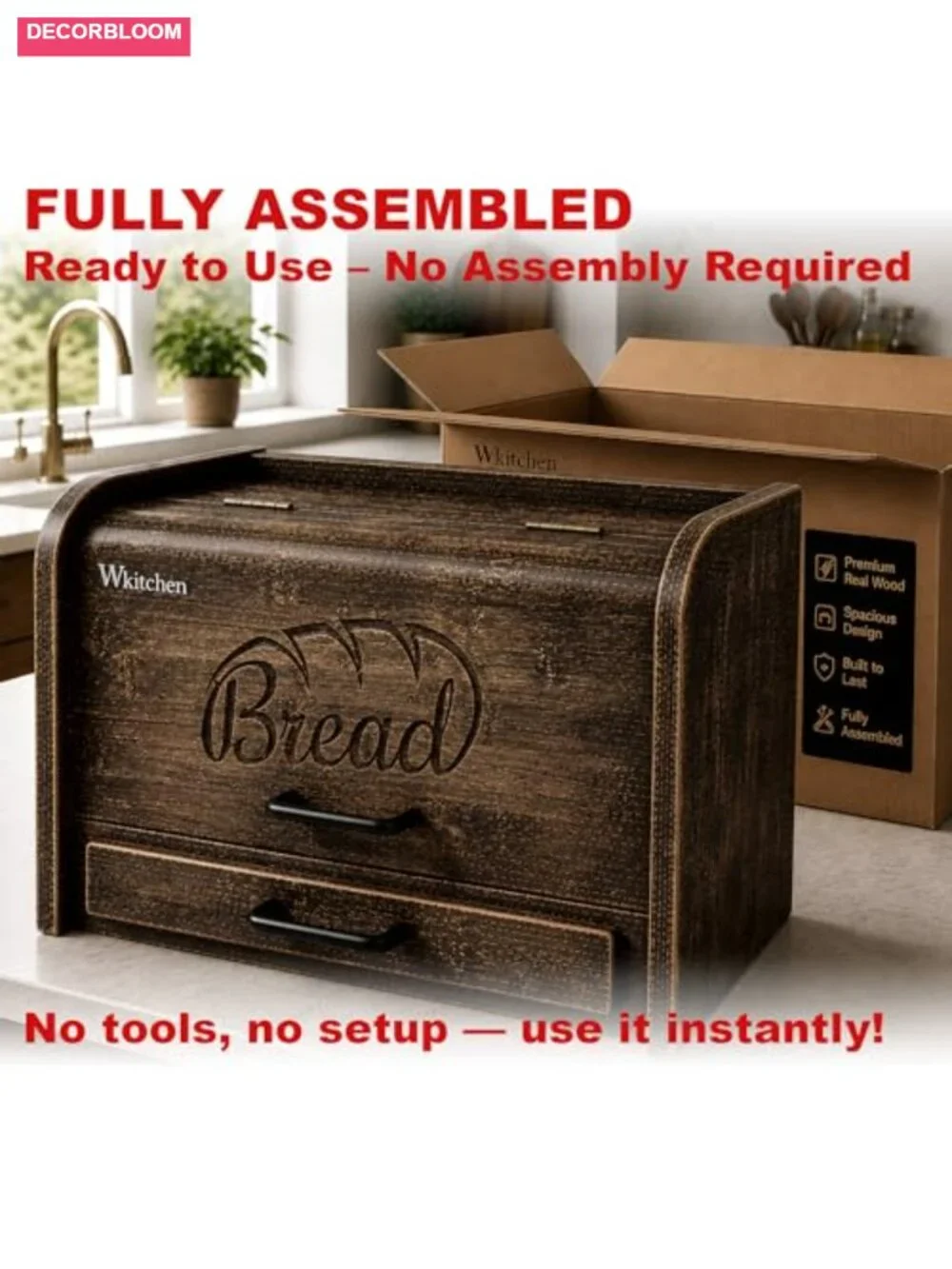 Extra Large Rustic Wood Bread Box with Crumb Tray, Kitchen Counter Storage